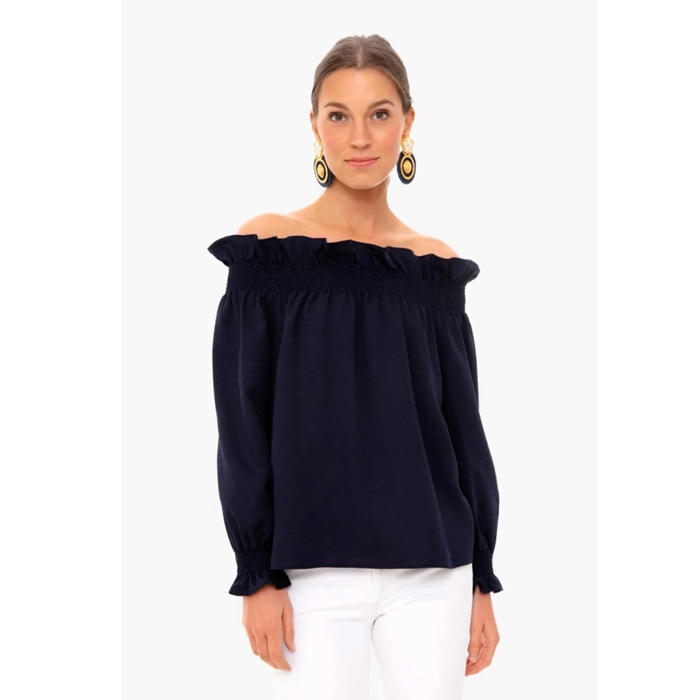 Tuckernuck Navy Off the Shoulder Marguerite Blouse Ruffle Sleeve Top Med…